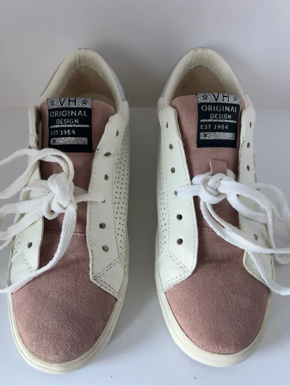 Vintage Havana White Leather Sneakers Pink Suede Toe Silver Heel Women’s Lace-Up